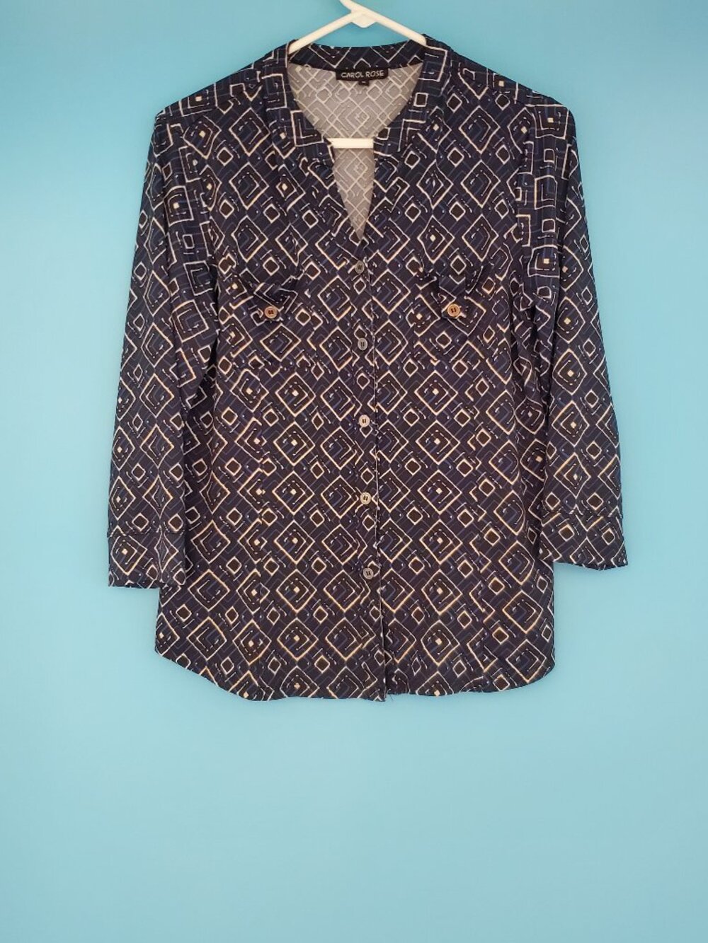 Carol Rose Blouse Size Medium 3/4 Sleeve Button Up V-Neck